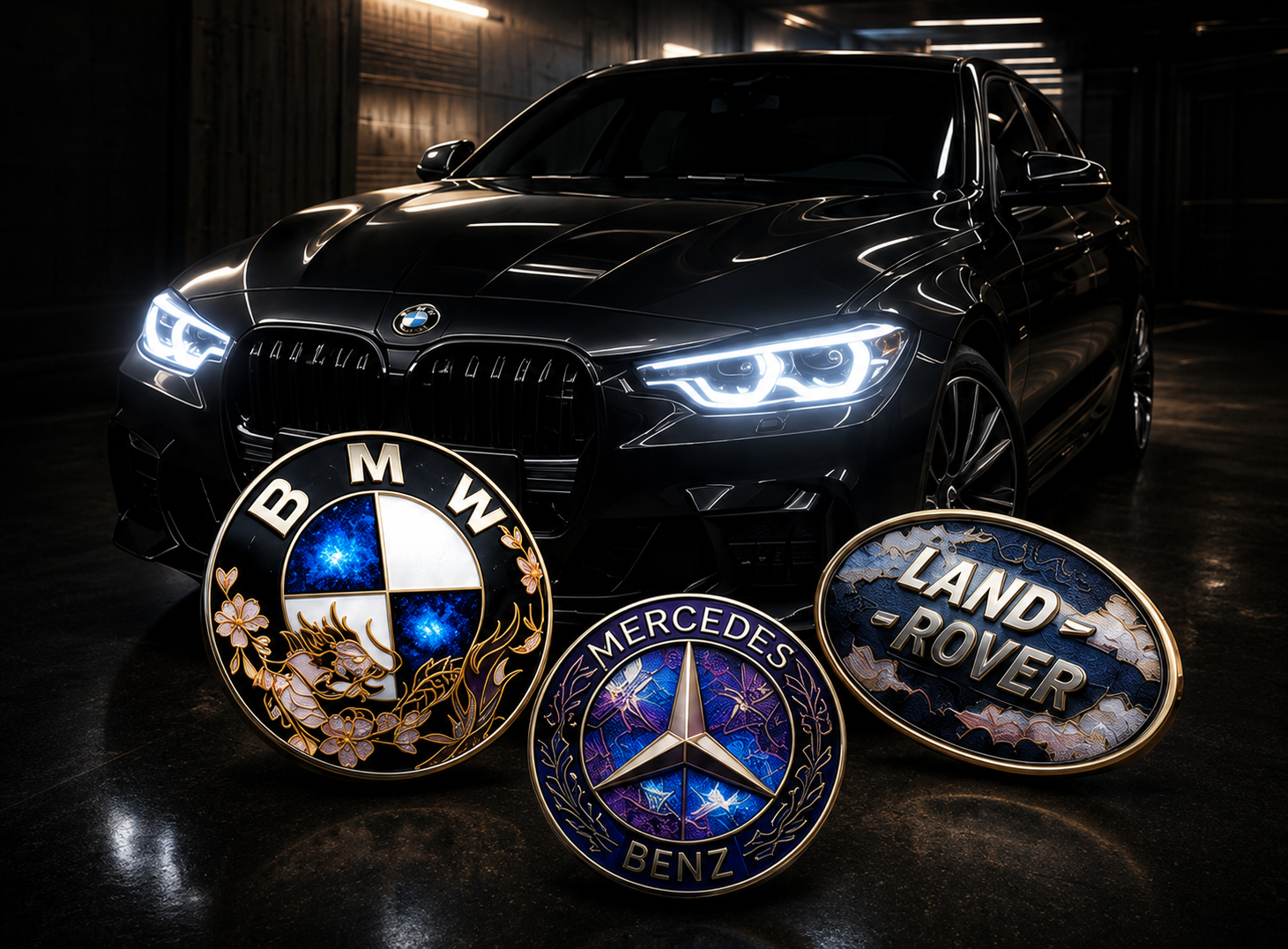 Black luxury car displayed with ornate custom emblems