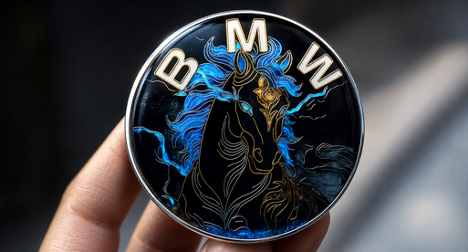 Dark custom oval emblem with raised lettering